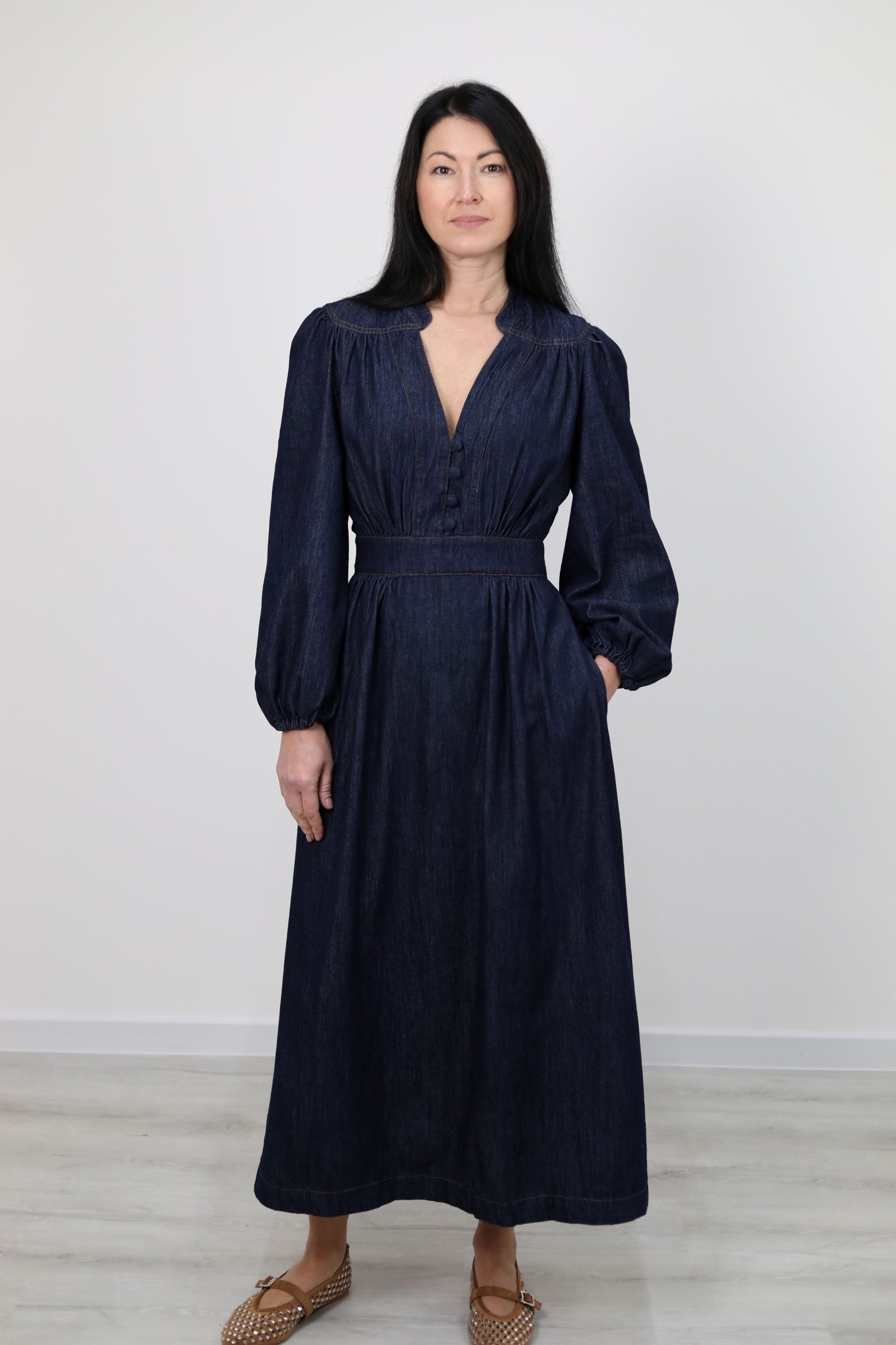 ABITO MIDI IN DENIM CON MANICHE A SBUFFO