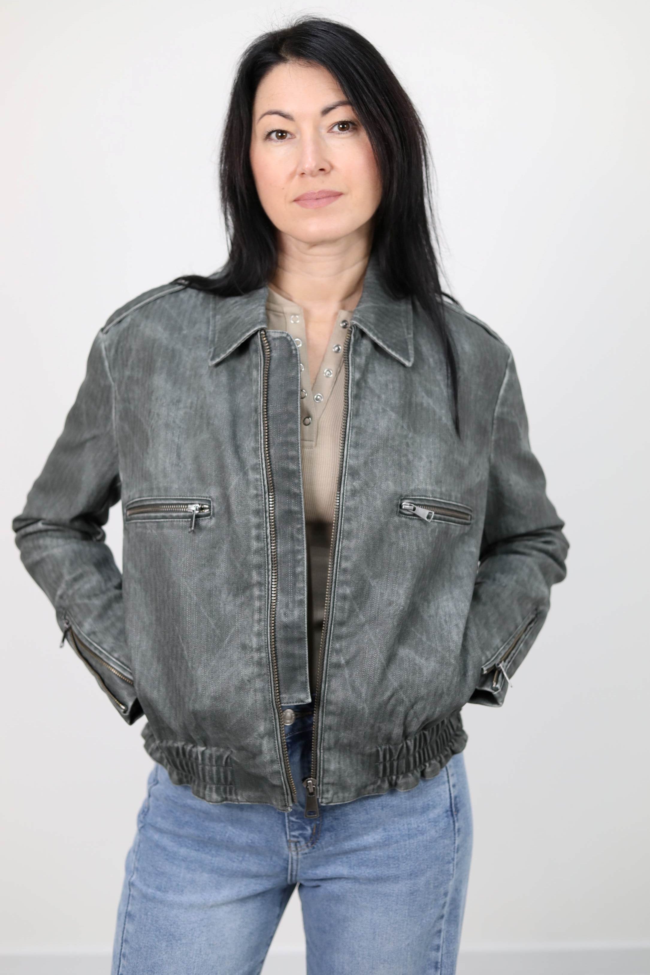 BOMBER EFFETTO DENIM IN ECOPELLE